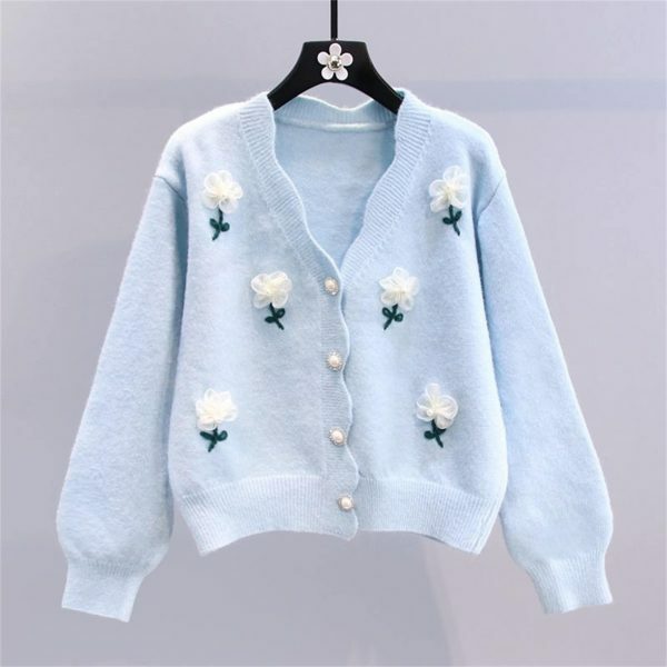 Y2K Beaded Flower Knit Cardigan