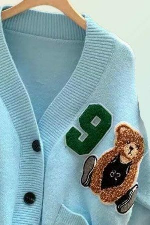 Y2K Bear Embroidery Knit Cardigan Sweater