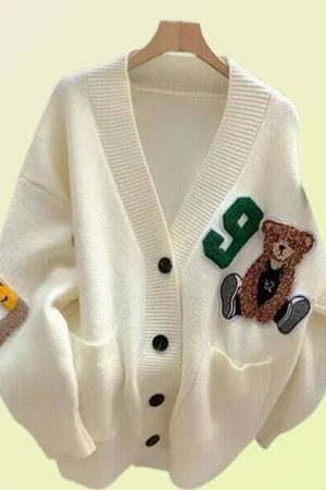 Y2K Bear Embroidery Knit Cardigan Sweater