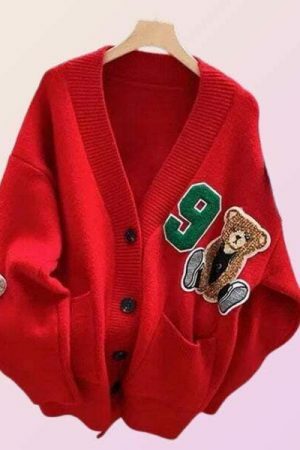 Y2K Bear Print Button-Up Cardigan, Knitted Oversized Sweater