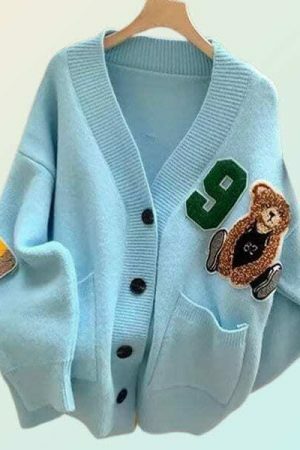 Y2K Bear Print Button-Up Cardigan, Knitted Oversized Sweater