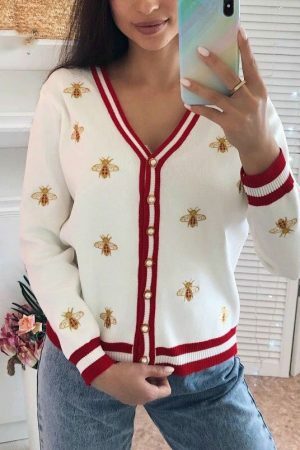 Y2K Bee Embroidery Streetwear Cardigan Sweater