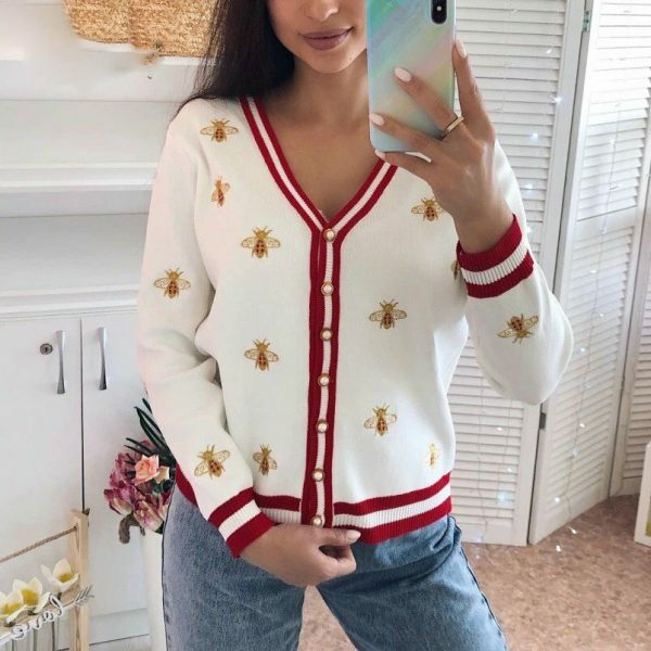 Y2K Bee Embroidery Streetwear Cardigan Sweater