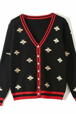 Y2K Bee Embroidery Streetwear Cardigan Sweater