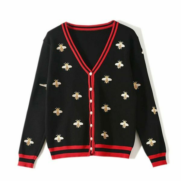 Y2K Bee Embroidery Streetwear Cardigan Sweater