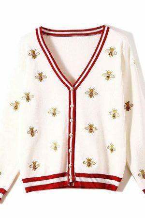 Y2K Bee Embroidery Streetwear Cardigan Sweater