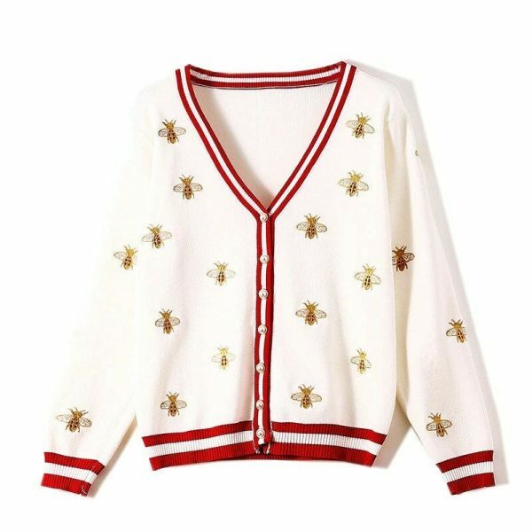 Y2K Bee Embroidery Streetwear Cardigan Sweater