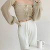 Y2K Beige Knit Crop Cardigan Set with Tube Top