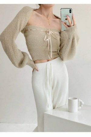 Y2K Beige Knit Crop Cardigan Set with Tube Top