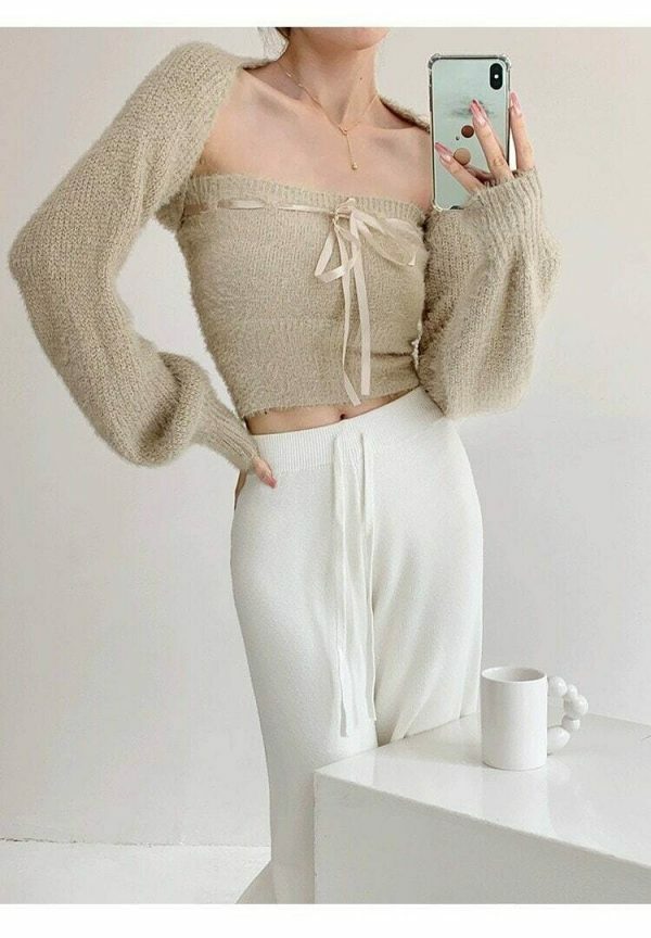 Y2K Beige Knit Crop Cardigan Set with Tube Top