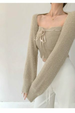 Y2K Beige Knit Crop Cardigan Set with Tube Top