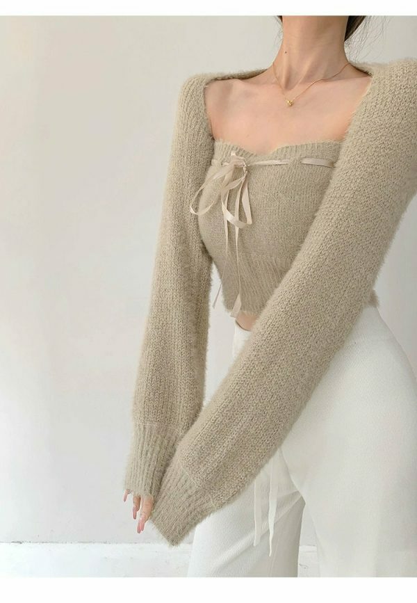 Y2K Beige Knit Crop Cardigan Set with Tube Top