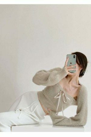 Y2K Beige Knit Crop Cardigan Set with Tube Top