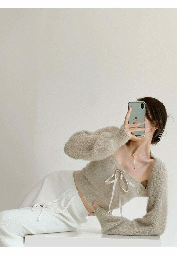 Y2K Beige Knit Crop Cardigan Set with Tube Top