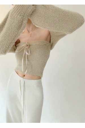 Y2K Beige Knit Crop Cardigan Set with Tube Top