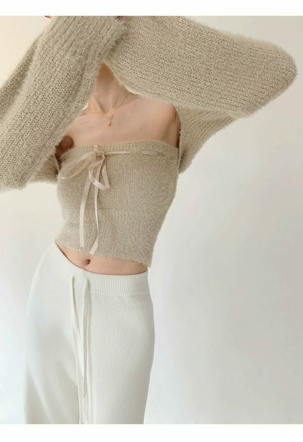 Y2K Beige Knit Crop Cardigan Set with Tube Top