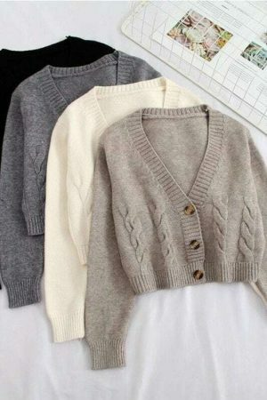 Y2K Beige Knitted Cardigan, Korean Streetwear Style