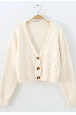 Y2K Beige Knitted Cardigan, Korean Streetwear Style