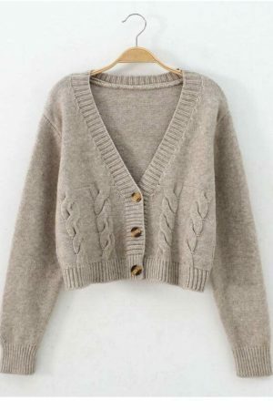 Y2K Beige Knitted Cardigan, Korean Streetwear Style