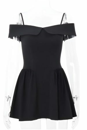 Y2K Black A-Line Pleated Off Shoulder Mini Prom Cocktail Dress