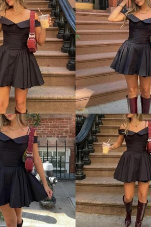 Y2K Black A-Line Pleated Off Shoulder Mini Prom Cocktail Dress