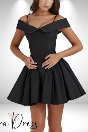 Y2K Black A-Line Pleated Off Shoulder Mini Prom Cocktail Dress