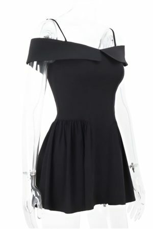 Y2K Black A-Line Pleated Off Shoulder Mini Prom Cocktail Dress