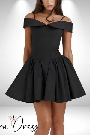 Y2K Black A-Line Pleated Off Shoulder Mini Prom Cocktail Dress