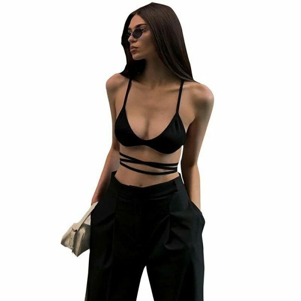 Y2K Black Bandage Spaghetti Strap Crop Top - Streetwear Aesthetic