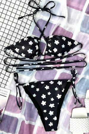 Y2K Black Cheeky Side Tie Bikini Bottom with Iridescent Flower Pattern