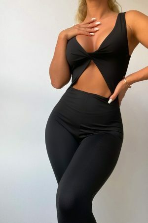 Y2K Black Double Layered Sleeveless Stretchy Jumpsuit