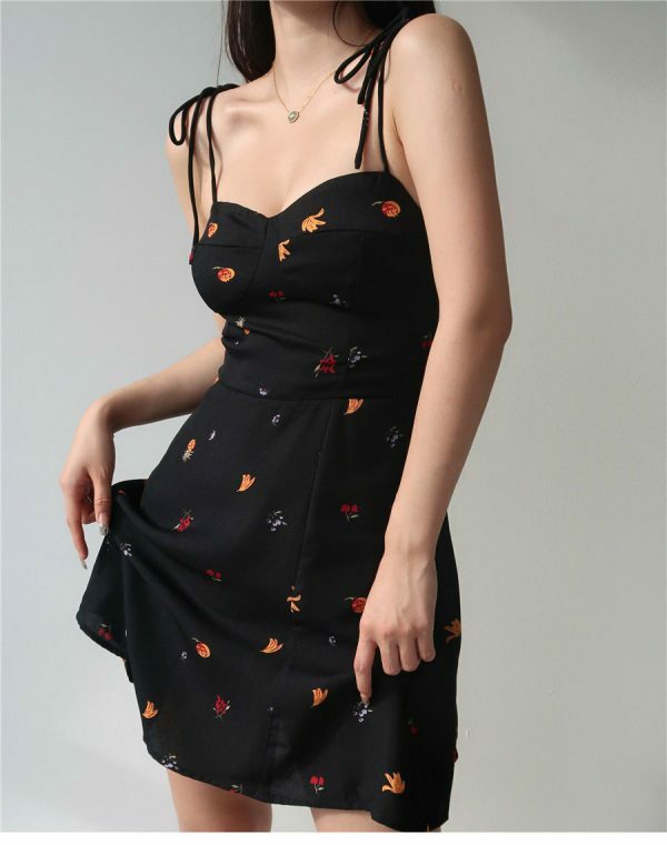 Y2K Black Fruit Pattern Mini Strap Dress - Streetwear Fashion