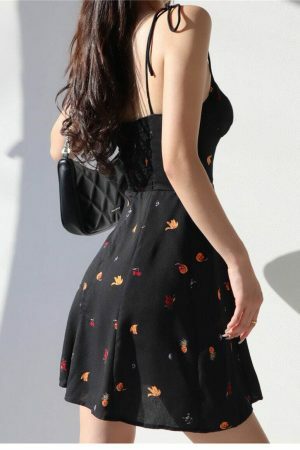 Y2K Black Fruit Pattern Mini Strap Dress - Streetwear Fashion