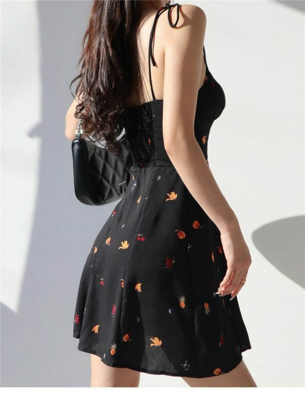 Y2K Black Fruit Pattern Mini Strap Dress - Streetwear Fashion