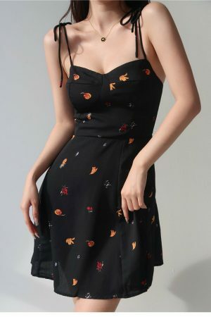 Y2K Black Fruit Pattern Mini Strap Dress - Streetwear Fashion