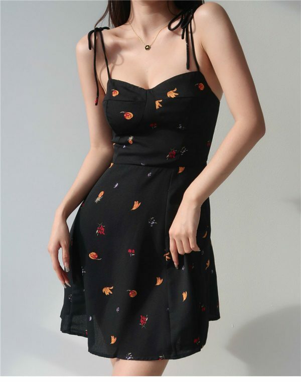 Y2K Black Fruit Pattern Mini Strap Dress - Streetwear Fashion