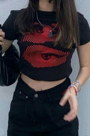 Y2K Black Gothic Print Crop Tee, Pupil Eye Emo Girl Grunge Streetwear Aesthetic Top