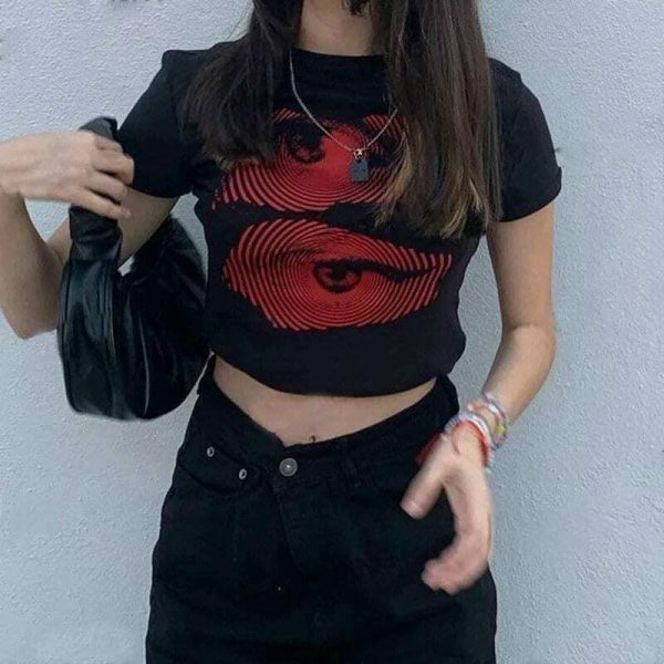 Y2K Black Gothic Print Crop Tee, Pupil Eye Emo Girl Grunge Streetwear Aesthetic Top