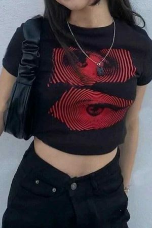 Y2K Black Gothic Print Crop Tee, Pupil Eye Emo Girl Grunge Streetwear Aesthetic Top