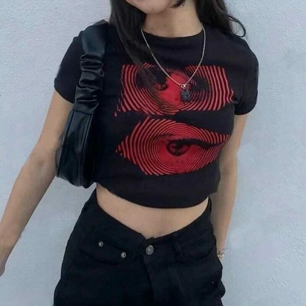 Y2K Black Gothic Print Crop Tee, Pupil Eye Emo Girl Grunge Streetwear Aesthetic Top