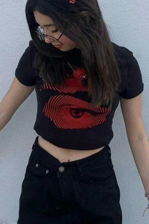 Y2K Black Gothic Print Crop Tee, Pupil Eye Emo Girl Grunge Streetwear Aesthetic Top