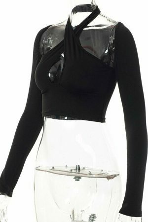 Y2K Black Halter Crop Top: Sexy Streetwear Aesthetic