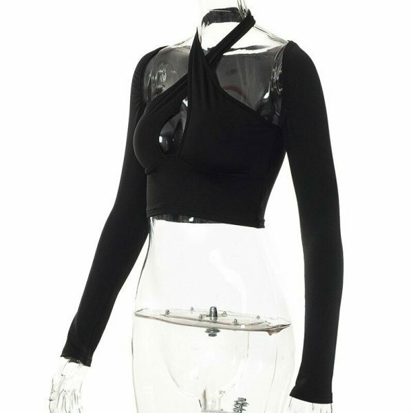 Y2K Black Halter Crop Top: Sexy Streetwear Aesthetic