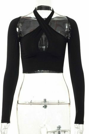 Y2K Black Halter Crop Top: Sexy Streetwear Aesthetic