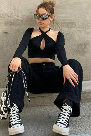 Y2K Black Halter Crop Top: Sexy Streetwear Aesthetic