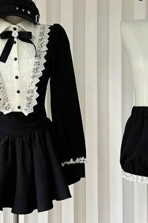 Y2K Black Lace Dress & Bloomers Set | Preppy Idol Japanese Jirai Kei Aesthetic