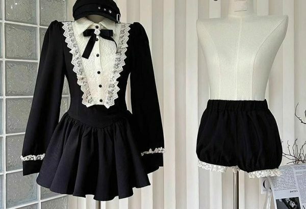 Y2K Black Lace Dress & Bloomers Set | Preppy Idol Japanese Jirai Kei Aesthetic