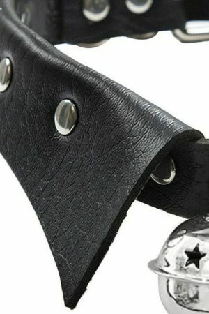 Y2K Black Leather Collar Bell Necklace - Streetwear Punk Aesthetic