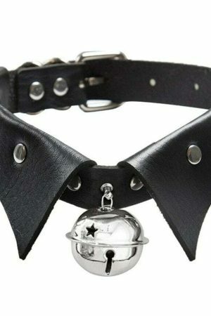 Y2K Black Leather Collar Bell Necklace - Streetwear Punk Aesthetic