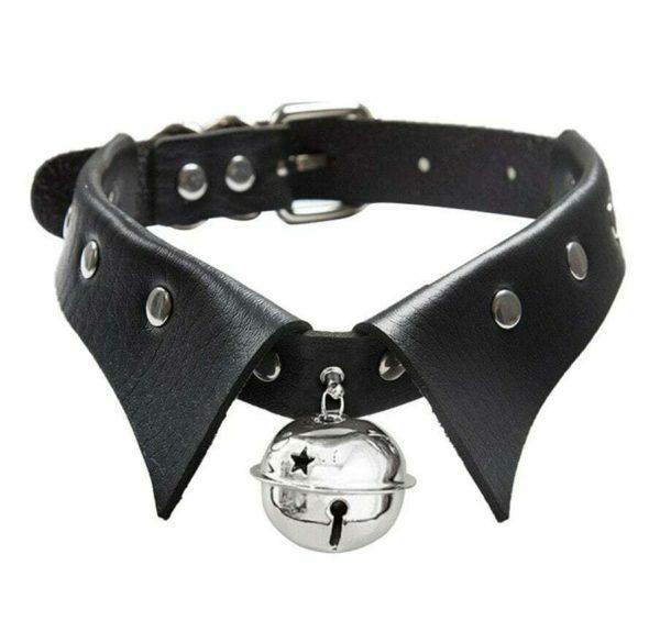 Y2K Black Leather Collar Bell Necklace - Streetwear Punk Aesthetic